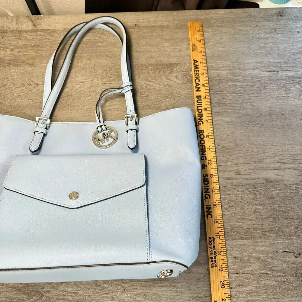Michael Kors Blue Leather Tote with Front Pocket for Credit Cards
